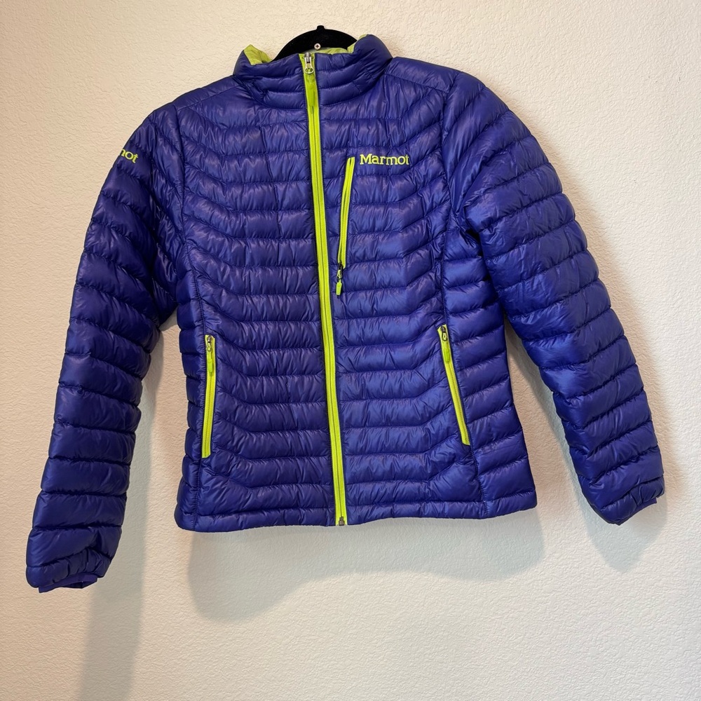 Marmot Blue Puffer Jacket with Yellow Accents